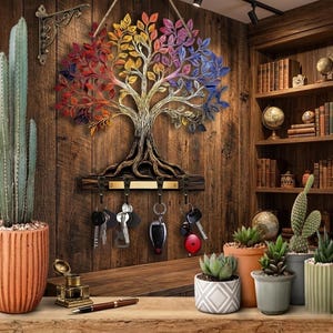 Llavero Árbol de la Vida, Perchero de Pared de Madera para Decoración de Entrada