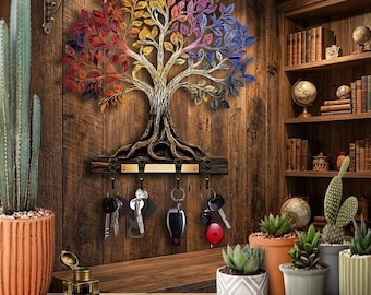 Tree of Life Key Holder, Wooden Wall Hook Rack for Entryway Decor