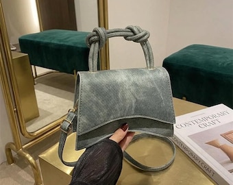 Denim Handbag with Knotted Handle – Acid Wash Crossbody Purse for Women