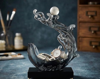 Handcrafted Glass Wave Sculpture Tray – Smoked Resin Jewelry Holder, Watch Stand