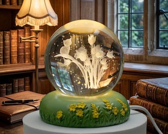 3D Crystal Ball Night Light, Rose Carnation Glowing Glass Ball, Decorative Flower