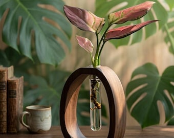 Walnut Wood Propagation Station - Minimalist Hydroponic Vase - Solid Wood Plant Terrarium