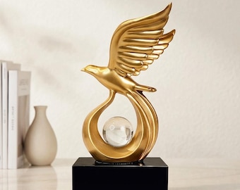Golden Eagle Sculpture with Crystal Ball – Abstract Resin Bird Ornament