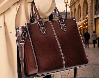 Dark Brown Leather Tote Bag – Vintage Satchel, Laptop Handbag, Crossbody Shoulder Purse