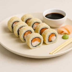 Könnte beinhalten: Sushi-Rollen mit Sesam, Lachs und Avocado auf einem Teller. Eine kleine Schale mit Sojasauce, eingelegtem Ingwer und Wasabi befindet sich ebenfalls auf dem Teller. Zwei Holzstäbchen liegen auf dem Teller.