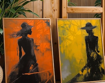 Zestaw abstrakcyjnych wydruków artystycznych przedstawiających kobiety: nowoczesna dekoracja domu z sylwetkami (pobranie cyfrowe)