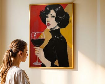 Elegancka kobieta z kieliszkiem wina, wydruk artystyczny, portret w stylu retro (pobranie cyfrowe)