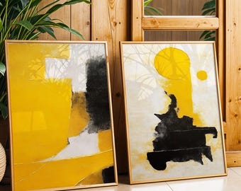 Abstrakcyjna sztuka ścienna: Żółte i czarne wydruki (do pobrania cyfrowego)