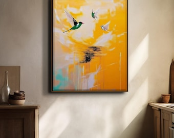 Abstrakcyjny wydruk artystyczny „Koliber”, nowoczesna minimalistyczna dekoracja ścienna, plik cyfrowy, współczesne dzieło sztuki – żółty – D1119