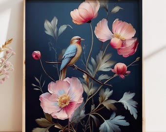 Abstrakcyjna sztuka z motywem różowego ptaka i kwiatów | Nowoczesna sztuka ścienna (pobranie cyfrowe)