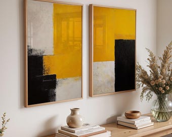 Zestaw abstrakcyjnych dzieł sztuki w kolorze żółto-czarnym – nowoczesna minimalistyczna sztuka ścienna (do pobrania w wersji cyfrowej)