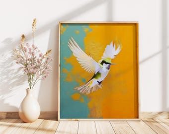 Abstrakcyjny wydruk artystyczny z ptakiem, nowoczesna minimalistyczna dekoracja ścienna, plik cyfrowy, współczesne dzieło sztuki przyrodniczej – D1117