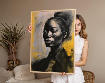 Wydruk artystyczny portretu czarnej kobiety, nowoczesna ilustracja kobieca (pobranie cyfrowe)
