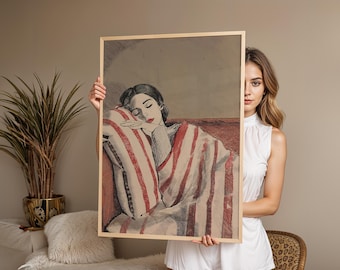 Kobieta śpiąca na kanapie, wydruk artystyczny, portret retro abstrakcyjny (natychmiastowe pobranie cyfrowe)