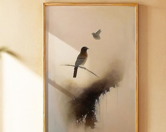 Abstrakcyjny wydruk artystyczny z ptakiem, nowoczesna minimalistyczna dekoracja ścienna, plik cyfrowy, współczesne dzieło sztuki przyrodniczej – D1116