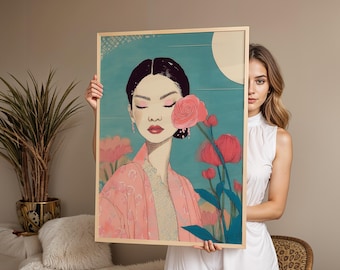Minimalistyczny kobiecy wydruk artystyczny z motywem kwiatowym, retro abstrakcyjny portret (natychmiastowe pobranie cyfrowe)
