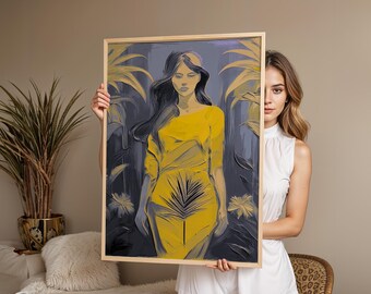 Kobieta w żółtej sukience, wydruk artystyczny, ilustracja w stylu vintage (pobranie cyfrowe)
