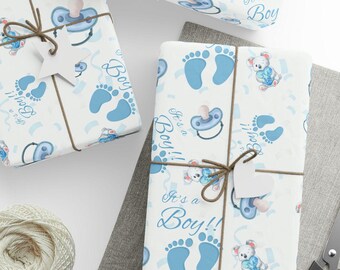 Baby Boy Shower Wrapping Paper | Blue Footprints, Pacifiers
