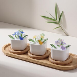 Mini Glass Flower Pot Ornament with Bird, Botanical Desk Decor Gift, Cute Tiny Garden Accent for Office Shelf or Room Decor