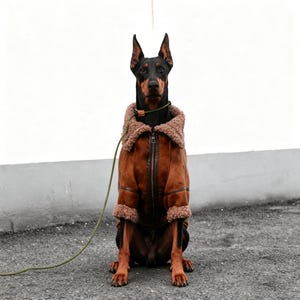 Puede incluir: Un perro Doberman Pinscher con una chaqueta de cuero sintético marrón con cuello y puños de piel sintética. El perro está sentado sobre una superficie gris con una correa verde. El perro tiene la cabeza negra y el cuerpo marrón.