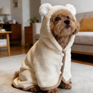 Op de afbeelding: Een kleine, bruine hond draagt een crèmekleurige cape met capuchon en witte pompons op de capuchon. De cape heeft een bruine rand en drie witte knopen aan de voorkant. De hond zit op een lichtgekleurd tapijt.
