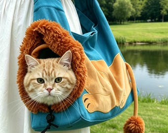 Blaue süße Löwe-Katzen-Einkaufstasche, atmungsaktive Mesh-Haustier-Reisetasche, Freihand-Umhängetasche für kleine Katzenhunde, tragbare Outdoor-Haustier-Umhängetasche