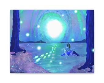 Impresión artística de sirena, arte de fantasía, decoración de pared, regalo para ella, impresión artística digital, lienzo de arte de pared de sirena azul
