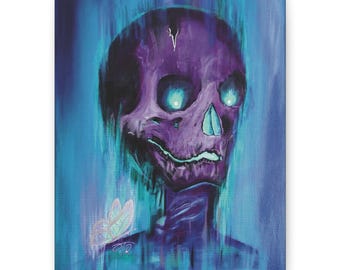 Lámina original de arte de calaveras - Arte de esqueletos azules y morados - Arte de pared vanguardista