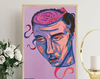Surreal Head Art Print, Music Lover Art Poster, Pink Record Player Wall Art