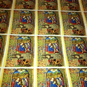 May include: A collection of vintage-style prints featuring a religious scene with a central figure surrounded by other figures. The prints are framed in gold and have a detailed background with intricate floral patterns. The text on the prints reads "E us in adiutoni moun miena Commrad ad".