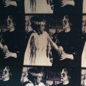 May include: Black and white image featuring multiple panels of the Bride of Frankenstein and Frankenstein's monster. The Bride wears a white gown and a headpiece. The monster is in a dark suit. The image has a vintage, classic horror movie theme.