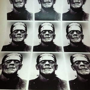 May include: A black and white photo collage of nine images of a person with a Frankenstein-like appearance. The person has a flat top hairstyle, a prominent forehead, and a serious expression.