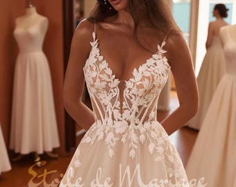 Lace A-Line Wedding Dress • Plunging V-Neck Floral Gown