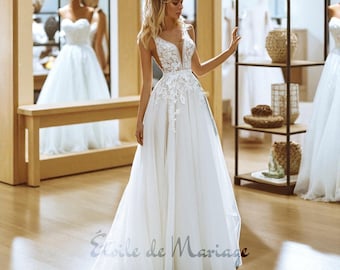 Handmade Lace Wedding Dress: A-Line Tulle Gown with Floral Embroidery