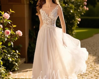 Lace A-Line Wedding Dress, Deep V-Neck, Boho Bridal Gown