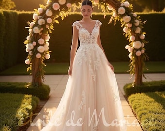 Handmade Lace V-Neck Wedding Gown, Soft Tulle A-Line Bridal Dress