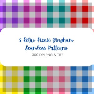 Peut inclure: Huit motifs sans couture rétro de pique-nique vichy dans diverses couleurs, dont le violet, le rose, le turquoise et le rouge. L'image comprend le texte "8 Retro Picnic Gingham Seamless Patterns" et "300 DPI PNG & TIFF".