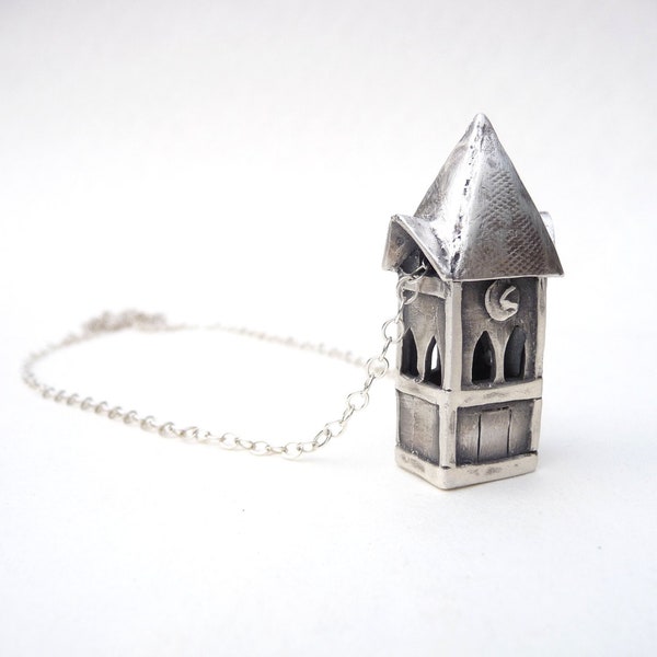 Haunted Halloween miniature clock tower necklace made with recycled silver by Dream of a Dream