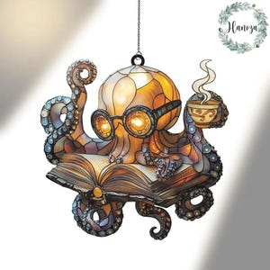 May include: A stained-glass octopus pendant with a steampunk aesthetic. The octopus wears round glasses and holds an open book. One tentacle holds a cup of coffee. The octopus is suspended by a chain.