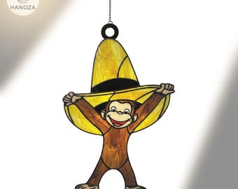 Curious George Suncatcher, Monkey with Balloons Window Hanging, Faux Stained Glass Acrylic, Nursery Room Decor, Kids Storybook Gift