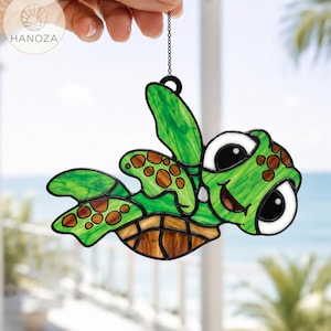 Squirt Sea Turtle Suncatcher, Finding Nemo Acrylic Window Hanging, Faux Stained Glass Ocean Decor, Cute Kids Room Art, Turtle Lover Gift