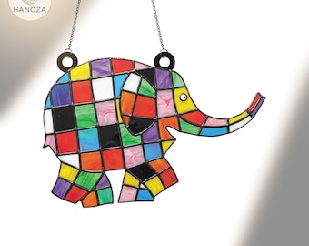 Elmer the Elephant Suncatcher, Patchwork Rainbow Acrylic Art, Faux Stained Glass Window Hanging, Storybook Teacher Librarian Gift