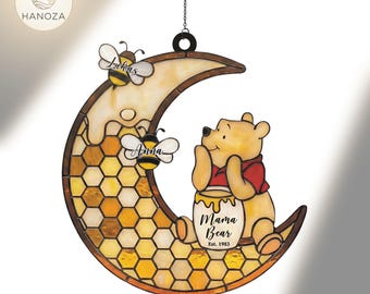 Personalized Mama Bear Winnie the Pooh Suncatcher, Custom Name Mother's Day Gift, Faux Stained Glass Acrylic,Mama Hunny Bear Est. Year Decor