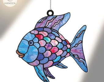 The Rainbow Fish Suncatcher, Faux Stained Glass Acrylic Window Hanging, Storybook Character Decor, Nursery Wall Art, Teacher Librarian Gift