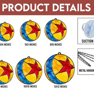 Puede incluir: Adornos de bola de vidriera con dise&ntilde;o de estrella roja, disponibles en varios tama&ntilde;os de 10x10 cm a 30x30 cm. Incluye una ventosa y una cadena met&aacute;lica para colgar. El texto "PRODUCT DETAILS" est&aacute; en la parte superior.