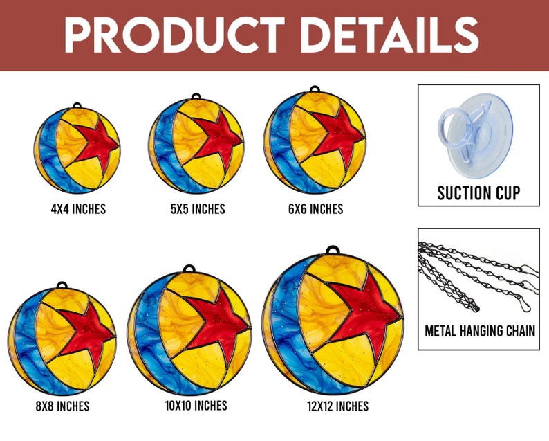 Puede incluir: Adornos de bola de vidriera con dise&ntilde;o de estrella roja, disponibles en varios tama&ntilde;os de 10x10 cm a 30x30 cm. Incluye una ventosa y una cadena met&aacute;lica para colgar. El texto "PRODUCT DETAILS" est&aacute; en la parte superior.