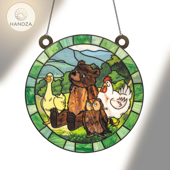 Little Bear Suncatcher Acrylic Window Hanging, Cute Animal Friends Nursery Decor, Stained Glass Style Bear Duck Owl Hen, Kids Room Gift Idea