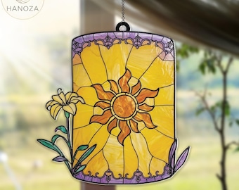 Linterna flotante atrapasol de Enredados, flor de Rapunzel colgante de acrílico para ventana, decoración Disney estilo vidriera, arte de pared para habitación infantil