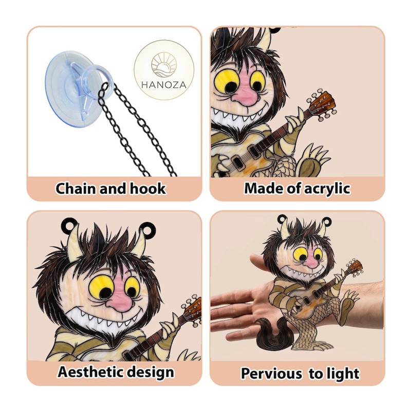 Op de afbeelding: Esthetisch vormgegeven acrylfiguur van een stripfiguur die gitaar speelt, met ketting en haak. De tekst "Made of acrylic", "Aesthetic design", en "Pervious to light" zijn inbegrepen.