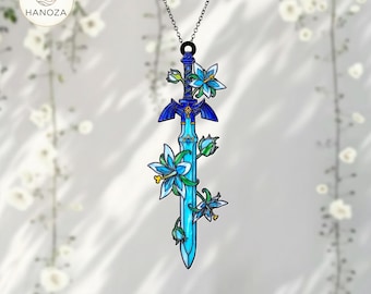 LoZ Floral Master Sword Suncatcher Navi Fairy Window Hanging, Stained Glass Style Acrylic Decor, Hyrule Gaming Gift, Gamer Room Decor Art